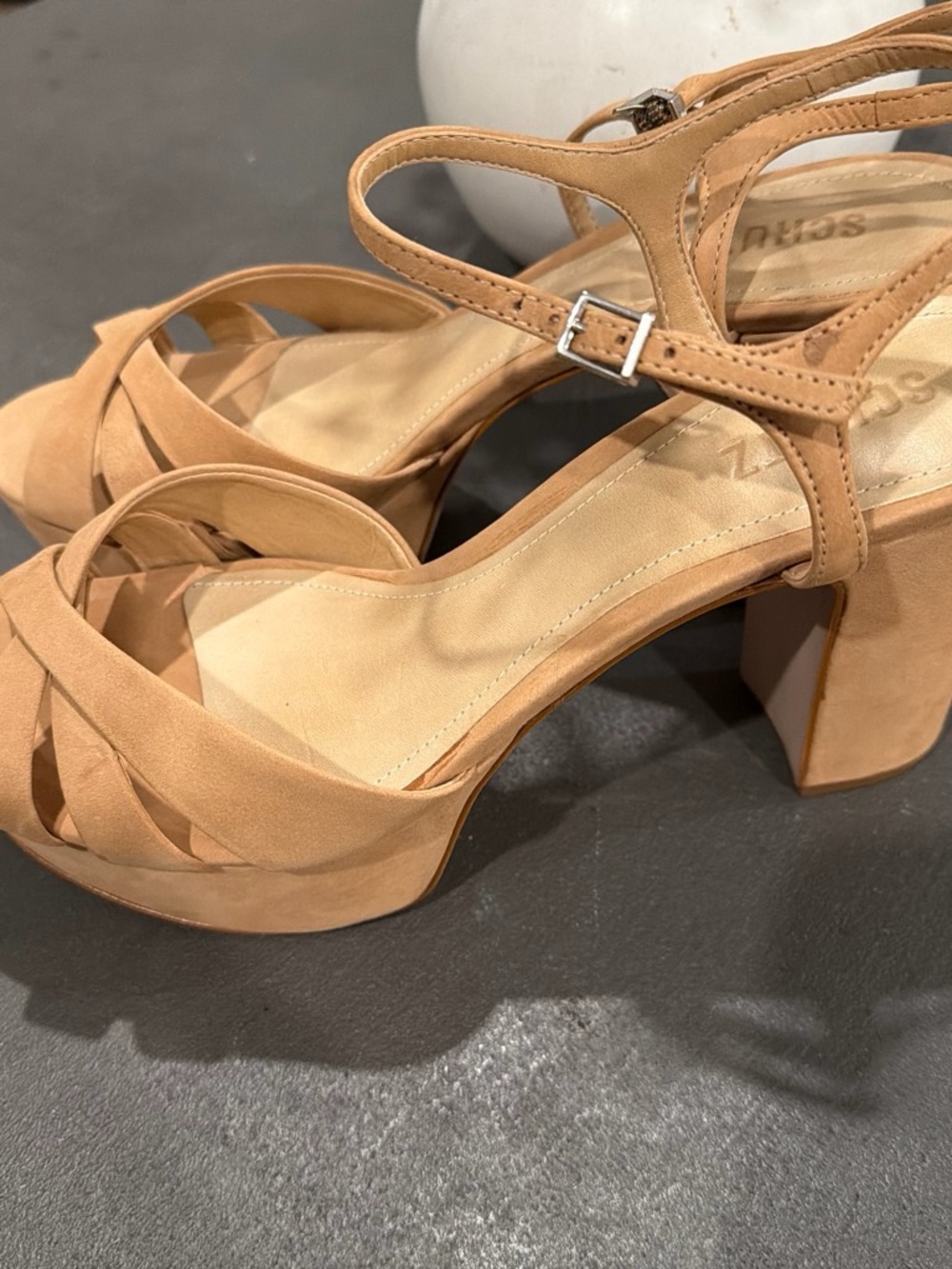 SCHUTZ Tan Suede Platform Block Heel Sandals with Ankle Strap